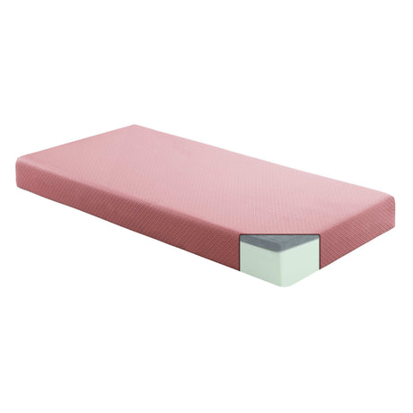 Pink foam mattress with a corner cutaway showing layered structure on white background