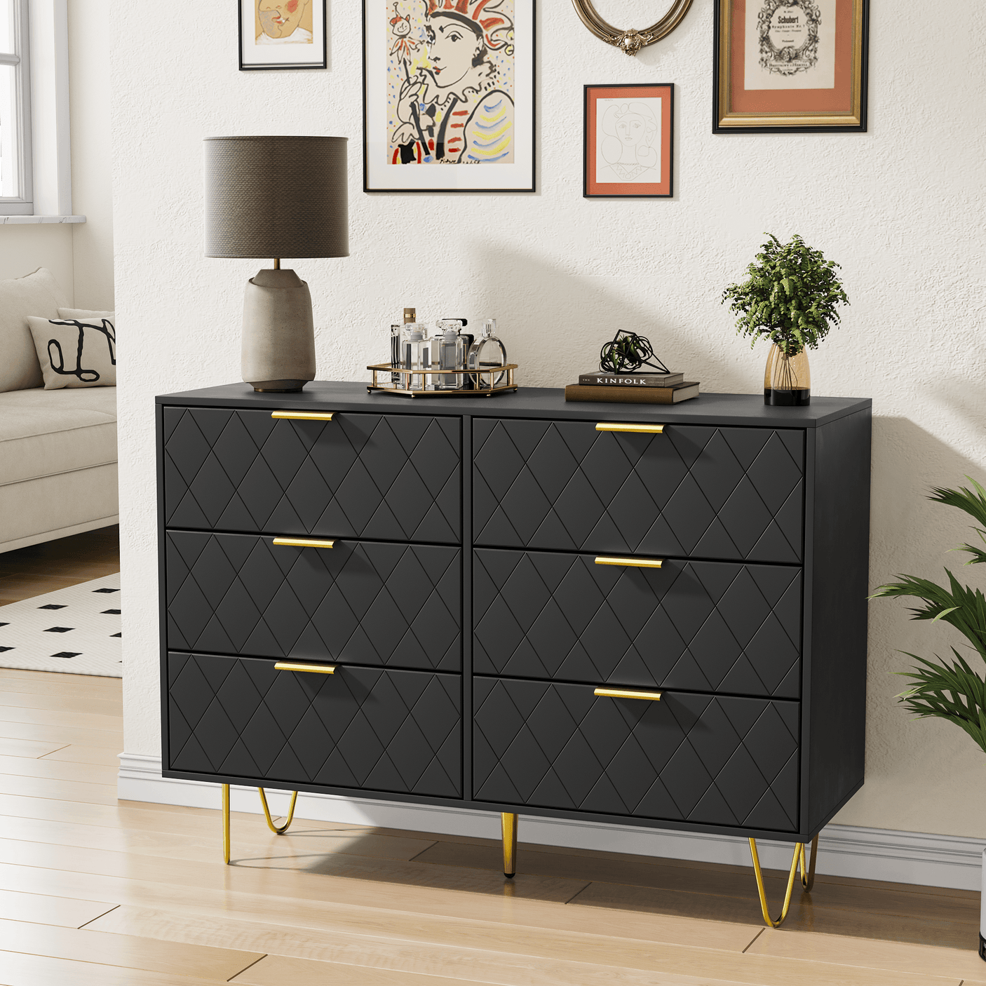 Dresser | 39" 6-Drawer with Diamonds Pattern & Gold Handles | Black