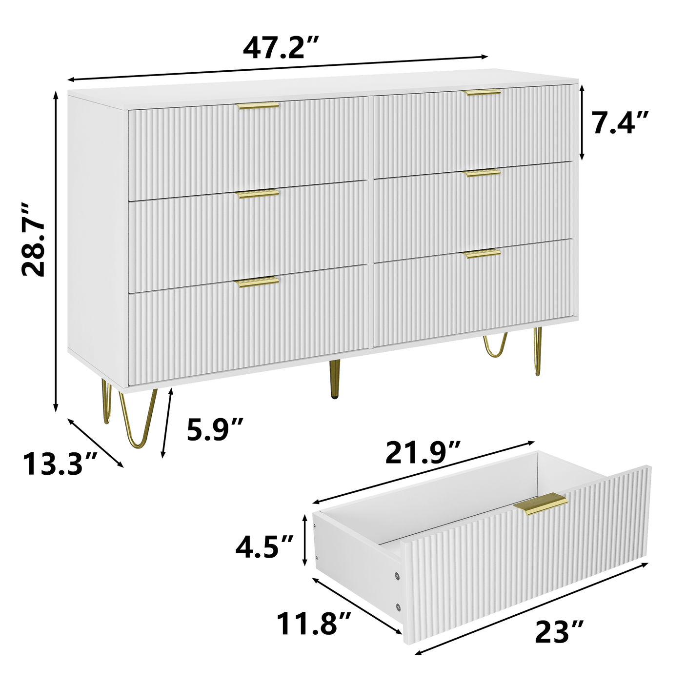 Dresser | 47" 6-Drawer with Lines Pattern & Gold Handles | White