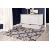 Arason Cottage queen cabinet bed in white on floral rug in navy blue bedroom