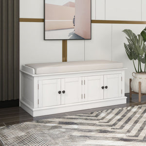 Storage Bench, 4 Doors and Adjustable Shelves, Removable Cushion - White