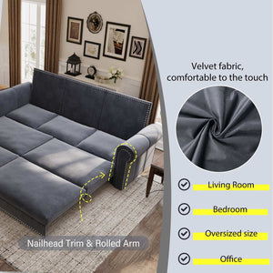 King Sleeper Sofa Bed 94", 3-in-1 Convertible in Velvet with Nailhead Trim