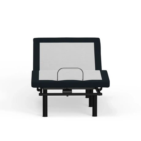 Adjustable bed frame with black legs and mattress retainer bar on white background