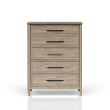 Light wood five-drawer dresser with black metal handles on white background
