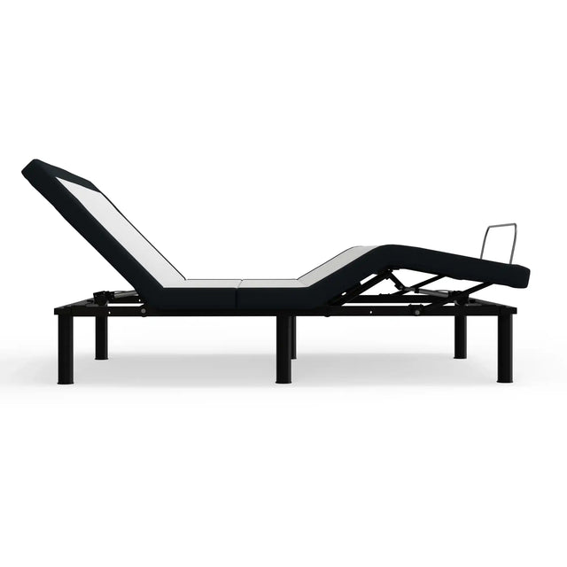 Adjustable bed frame with raised head and foot sections, black metal legs, white mattress