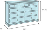 Blue nine-drawer dresser diagram with dimensions 60x18x37.75 inches