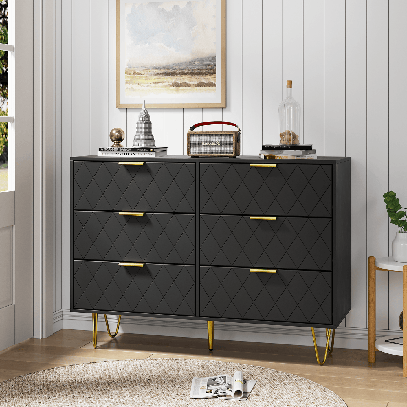 Dresser | 39" 6-Drawer with Diamonds Pattern & Gold Handles | Black