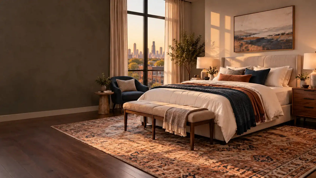 Furnished Chicago bedroom with mattress, nightstands, bench, chair and area rug