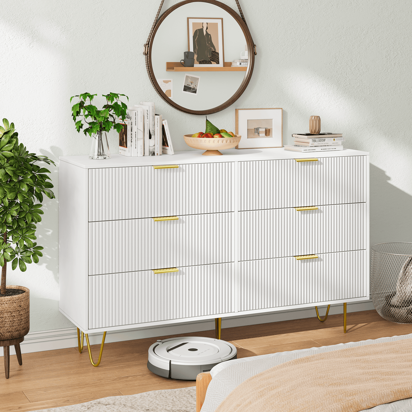 Dresser | 47" 6-Drawer with Lines Pattern & Gold Handles | White