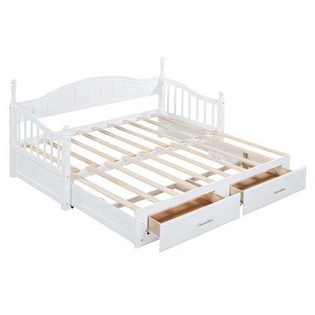 Daybed, Extends to King Size, Trundle with Two Drawers, White