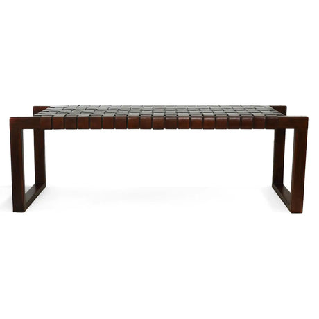 Mid-century modern dark wood bench with woven top and open rectangular legs