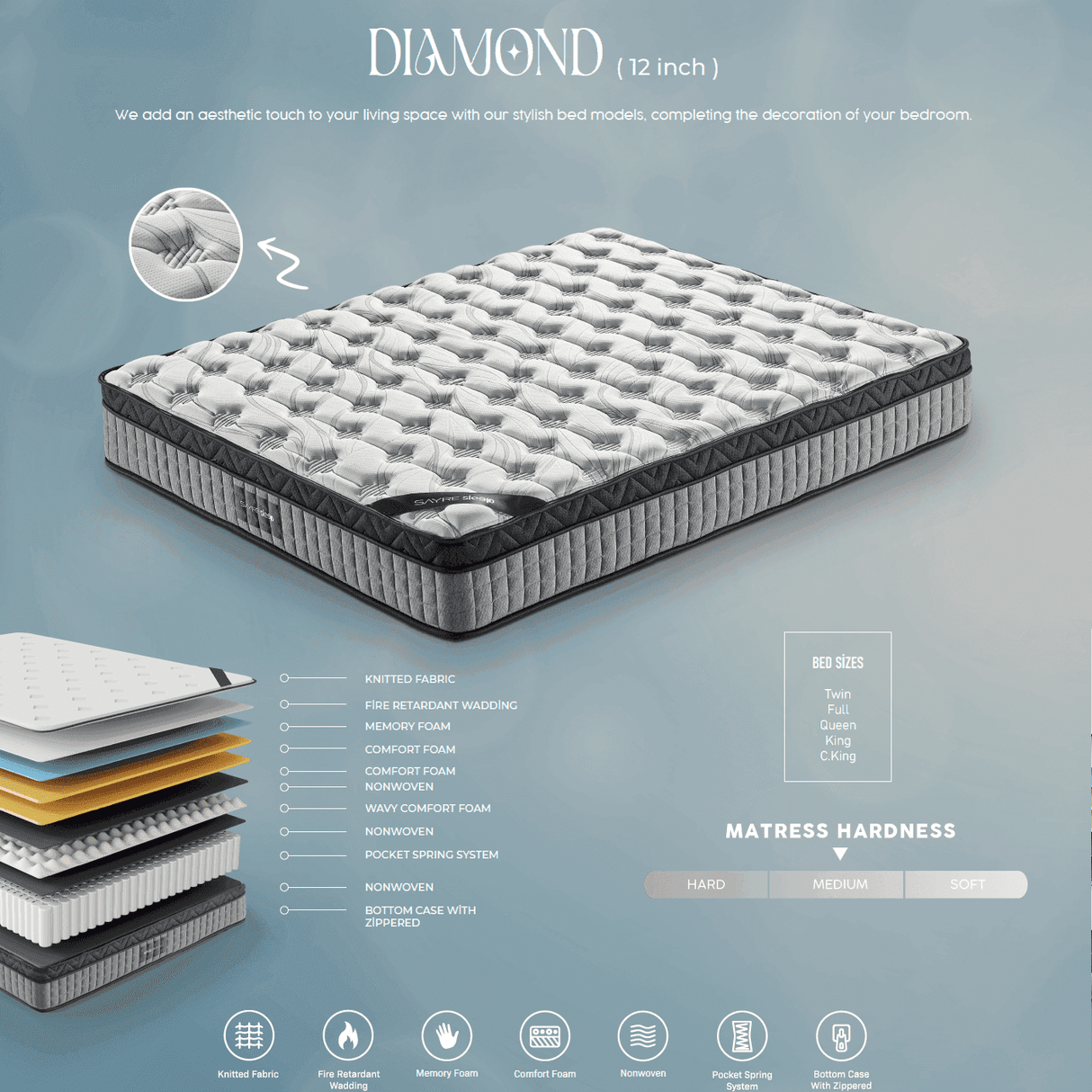 12" Hybrid Mattress, Sayre Innerspring & CoolGel Memory Foam, Medium