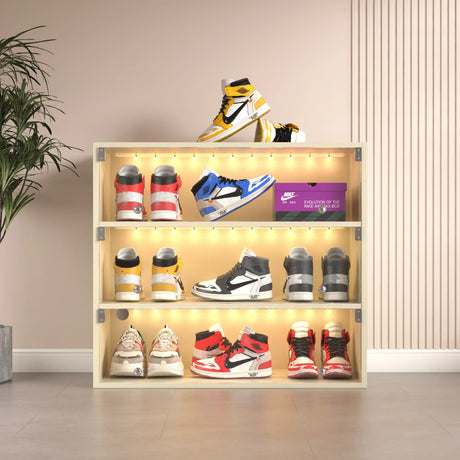 Glass Door Shoe Box, Shelf Storage Display, LED Lights, Off White