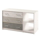 Gray and white 3-drawer chest with open side shelves, modern bedroom storage furniture