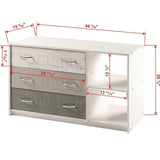 Gray and white 3-drawer chest with shelf, labeled dimensions, Bedroom Depot USA