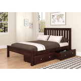 Contempo full bed with dual storage drawers in modern bedroom with wood floor and decor
