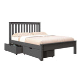 Gray full-size bed frame with slatted headboard and dual storage drawers, bedding included