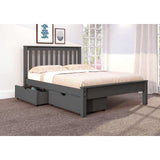 Gray full bed with slatted headboard and dual storage drawers in a bright modern bedroom