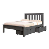 Modern gray full-size bed with slatted headboard and dual storage drawers underneath