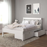 White full bed with dual storage drawers in a modern, cozy bedroom with gray decor