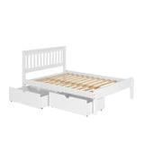 White full-size wooden bed frame with slatted headboard and dual underbed storage drawers
