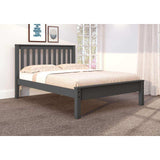 Gray wooden full bed frame with slatted headboard in bright modern bedroom
