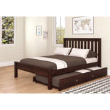 Dark wood full bed with trundle in bright bedroom, geometric rug, and wall art