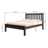 Black full bed frame with slatted headboard and trundle, dimensions marked in inches