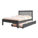 Gray wooden full bed with slatted headboard and pull-out trundle, shown with bedding.