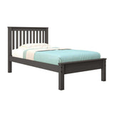 Donco Contempo twin bed in dark gray with slatted headboard and light bedding