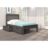 Dark gray twin bed with dual storage drawers in a bright carpeted bedroom