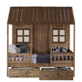 Rustic driftwood kids house bed with front porch, windows, and two storage drawers