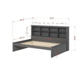 Dark gray full daybed with bookcase headboard and measurement markers