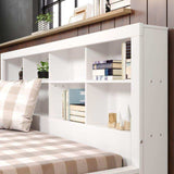 White full daybed with bookcase headboard, plaid bedding, books, and decor in modern bedroom