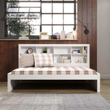 White full daybed with bookcase headboard, plaid bedding, in a modern bedroom