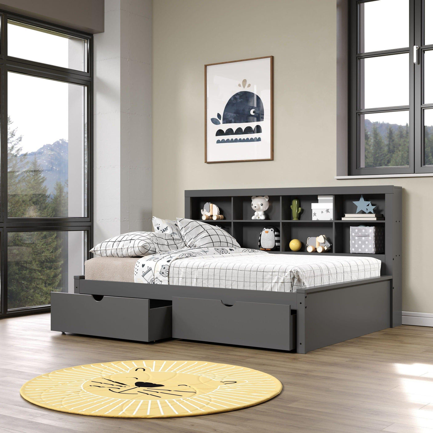 Donco Full Bookcase Day Bed In Dark Grey W/ Dual Under Bed Drawers 1733-FDG_505-DG - Bedroom Depot USA