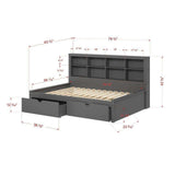 Donco full daybed bookcase with dual drawers in dark gray, shown with precise dimensions.