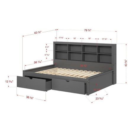 Donco Full Bookcase Day Bed In Dark Grey W/ Dual Under Bed Drawers 1733-FDG_505-DG - Bedroom Depot USA