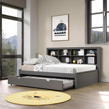 Dark gray full daybed with bookcase headboard and twin trundle in modern bedroom