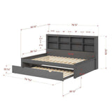 Dark gray full daybed with bookcase headboard and twin trundle, bedroom furniture, dimensions shown