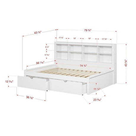 Donco  Full Bookcase Day Bed In White W/ Dual Under Bed Drawers 1733-FW_505-W - Bedroom Depot USA