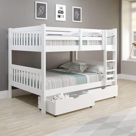Donco  Full/Full Mission Bunk Bed W/Dual Underbed Drawers In White Finish 1015-3FFW_505-W - Bedroom Depot USA