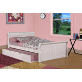 White full sleigh bed with trundle in pink bedroom, floral bedding, window and wall art