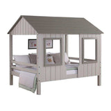 Gray two-tone house-shaped full low loft bed with windows and pillows, Bedroom Depot USA