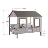 Donco house full low loft bed in gray two-tone with window cutouts and dimensions shown