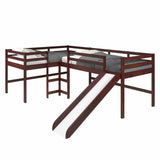 L-shape double twin loft bed in dark cappuccino with slide and ladder, kids bedroom furniture