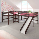 Dark cappuccino L-shaped twin loft bed with slide in kid's bedroom with butterfly wall.