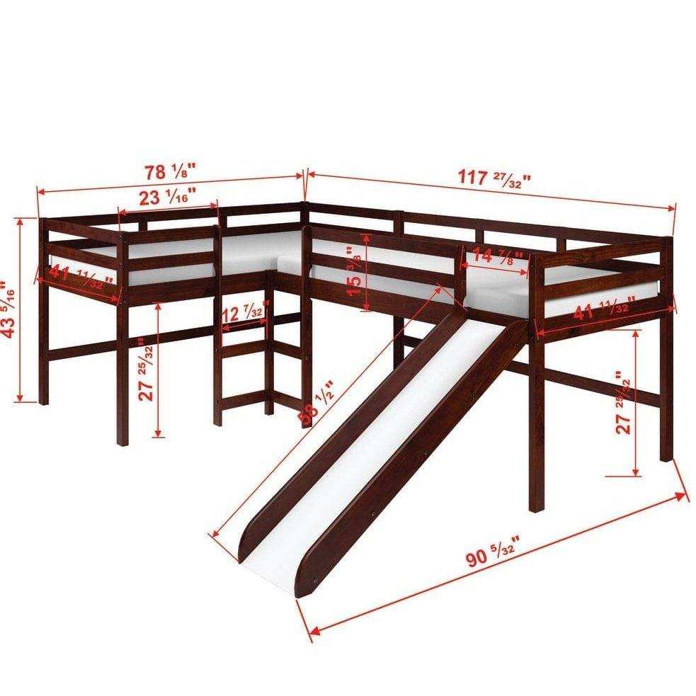 Donco L-Shape Double Twin Loft Bed In Dark Cappuccino Finish 7600-TTCP - Bedroom Depot USA