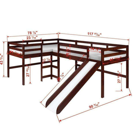 Dark cappuccino L-shaped double twin loft bed with slide and dimensions, kids bedroom furniture.
