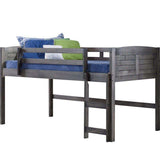 Gray wooden low loft bed with ladder, blue mattress, and colorful pillows